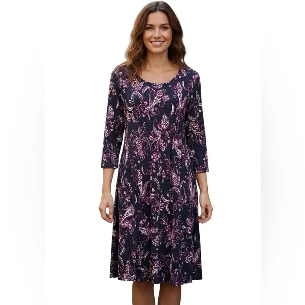 Kim Rogers Large Elbow Sleeve Midi Dress Navy Pink Paisley Casual Modest Teacher